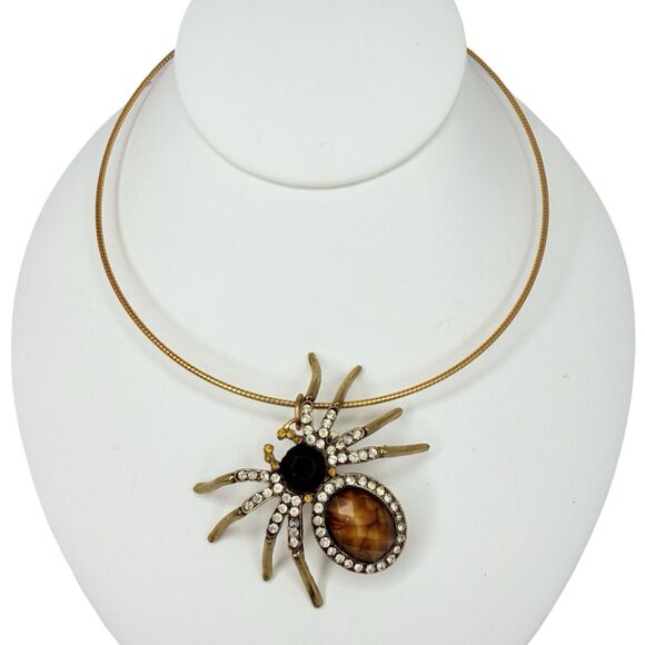 Vtg Gold Tone Spider Pendant Choker Necklace 16.5" With Rhinestones Statement - Picture 1 of 12